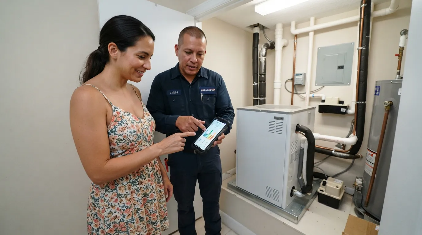Homeowner and technician looking at a smart thermostat app showing energy use graph beside a new inverter air handler in a Miami utility closet