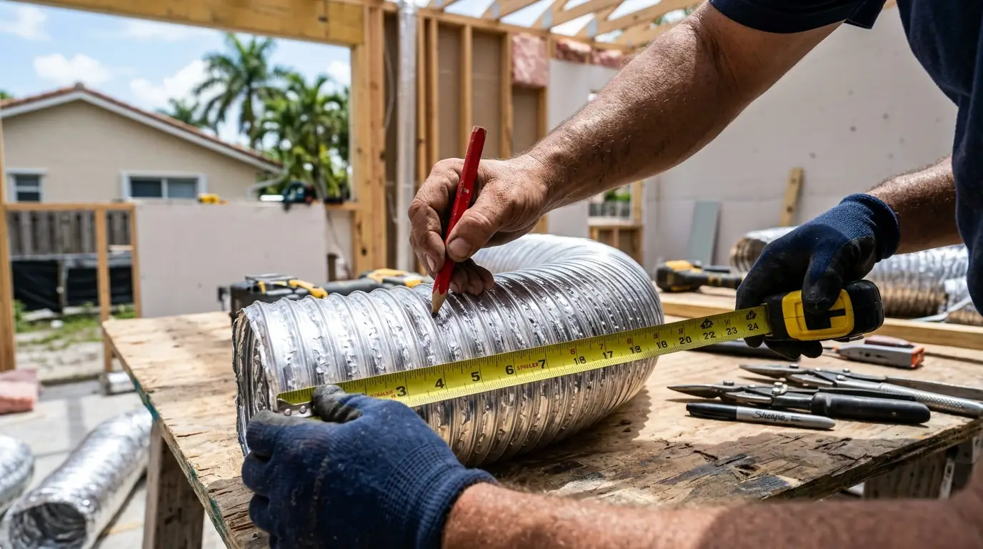 Close detail photo for duct design for additions in a Miami property: technicians hands at the design step