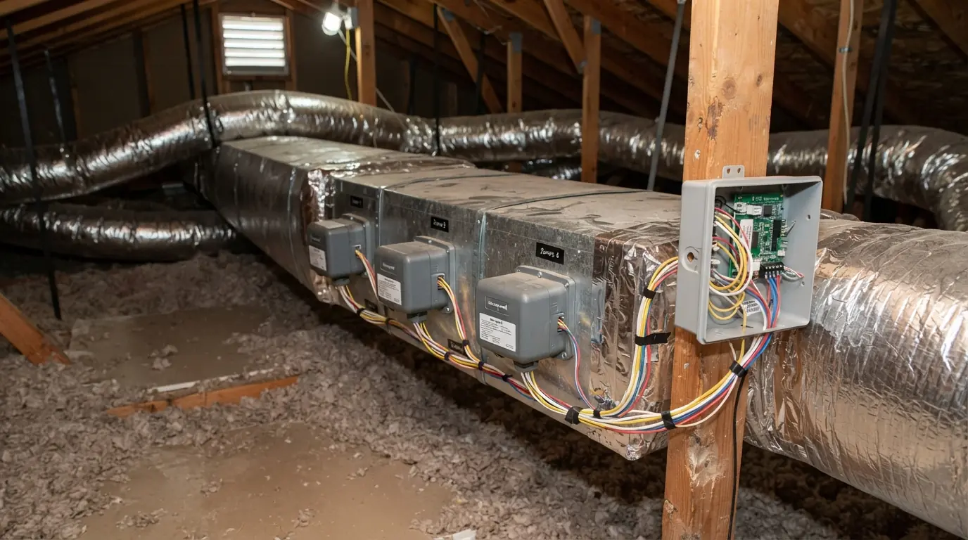 Motorized zone dampers installed in the supply trunk of an attic duct system in a two-story Miami home