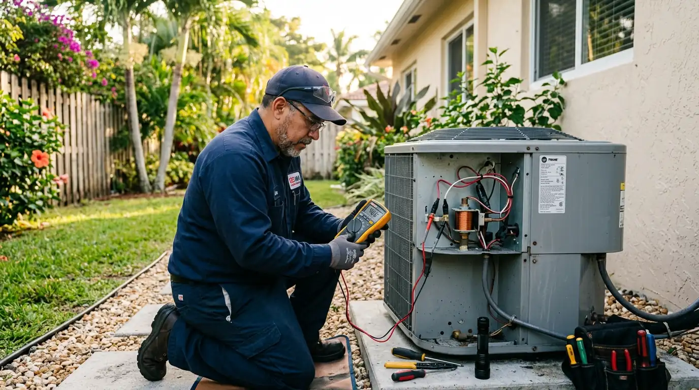 Technician testing a reversing valve solenoid coil on a heat pump outdoor unit in a Miami backyard