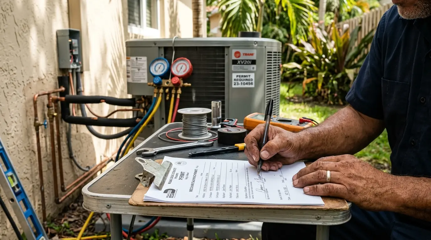 Close detail photo for heat pump installation in a Miami property: technicians hands at the permit step