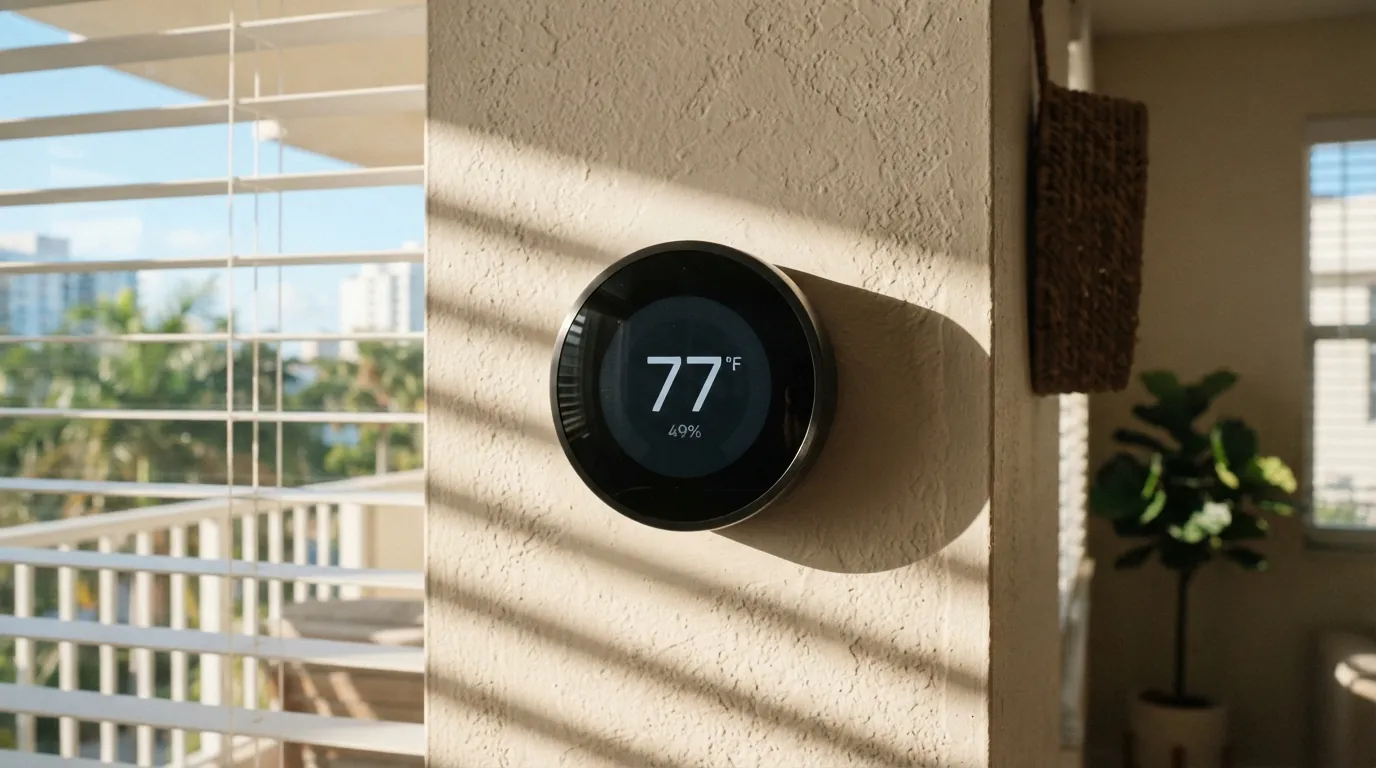 Close-up of a smart thermostat on a Miami living room wall showing 77 degrees and 49 percent humidity
