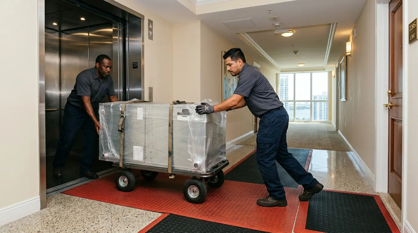 Technicians wheeling a new air handler on a dolly out of a freight elevator into a Miami high-rise condo corridor with protective floor runners