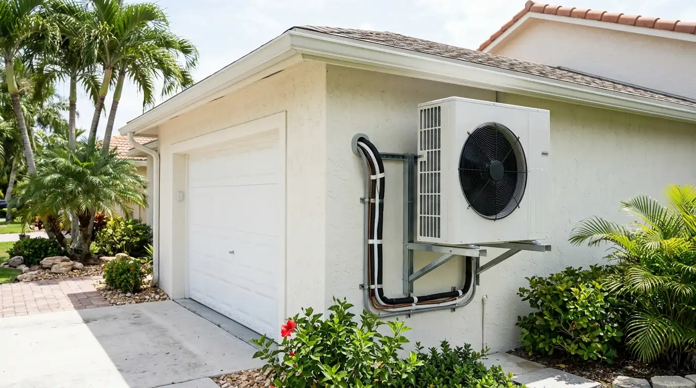 Multi-zone mini-split condenser mounted on a wall bracket beside a Miami garage