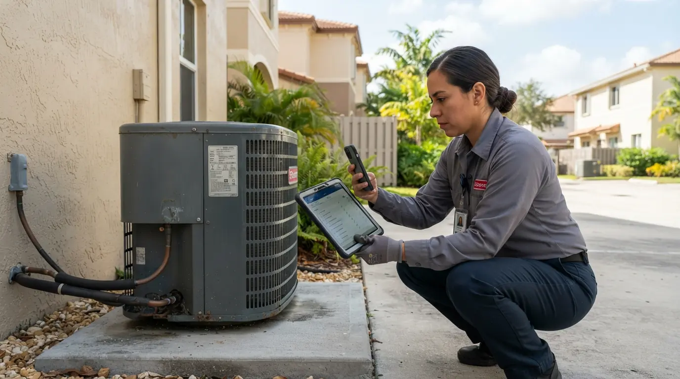 Technician photographing the data plate on an outdoor AC condenser with a tablet showing an inspection checklist