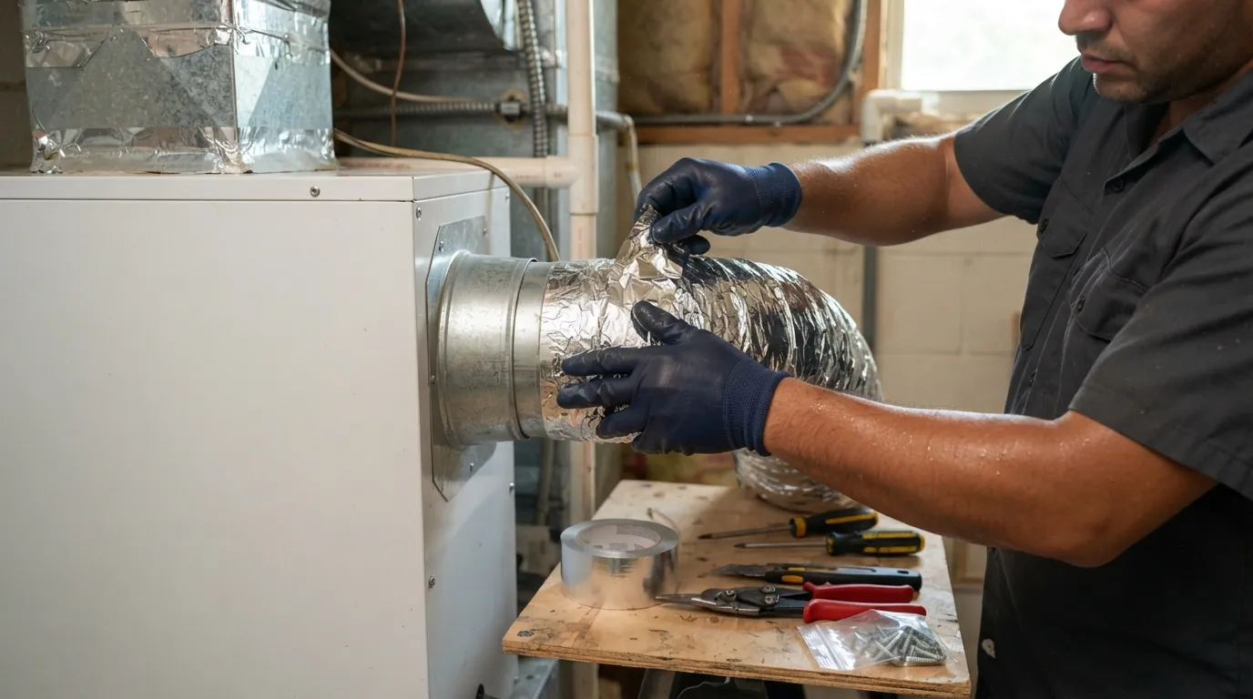 Close detail photo for whole-home dehumidifier installation in a Miami property: technicians hands at the location and ducting step